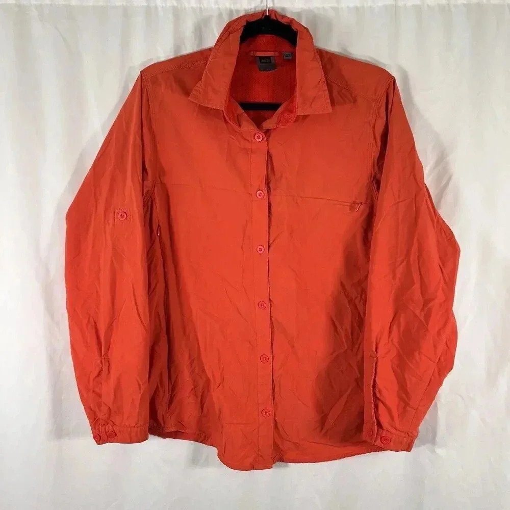 REI Jacket Women's XL Orange Button Up Zip Pockets UPF 30+ Nylon Roll Sleeve